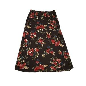 Vtg Whimsical Floral Chocolate Brown Midi Skirt 12 Fairy Grunge Cottagecore